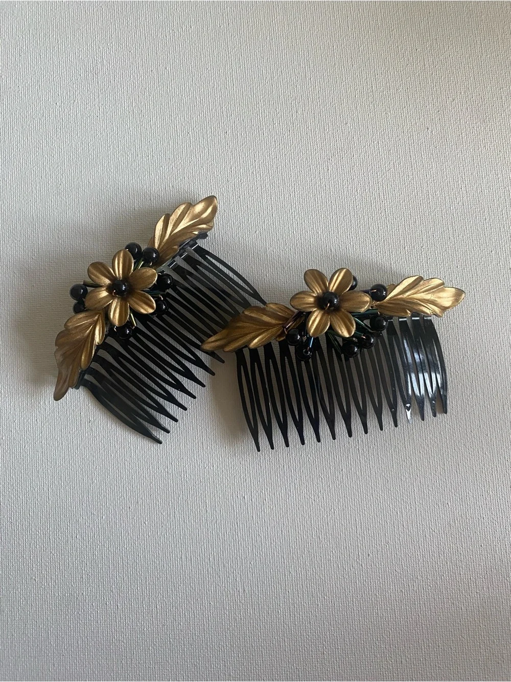 Vintage Black and Gold Floral Hair Comb Set Beaded Leaf Hairpiece Whimisigoth